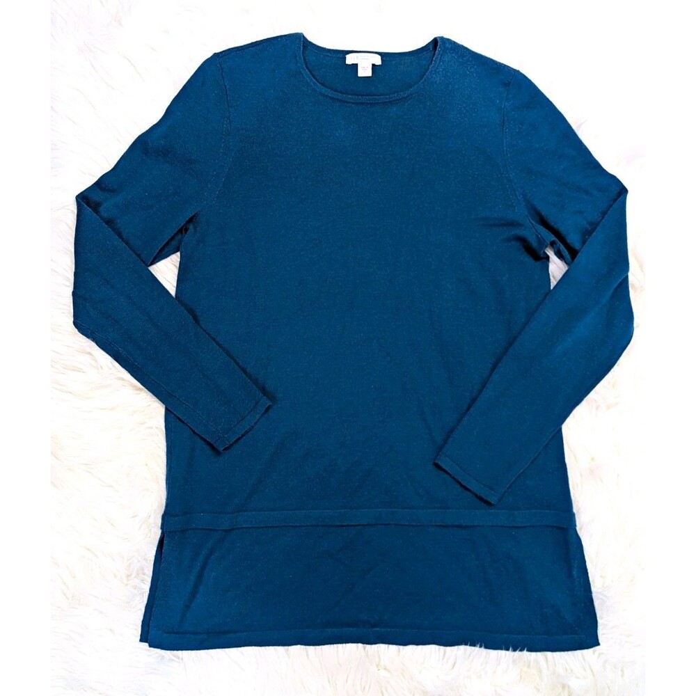 J. Jill 100% Merino Wool Sweater Small Teal Blue Crew Neck Long Sleeve Layered